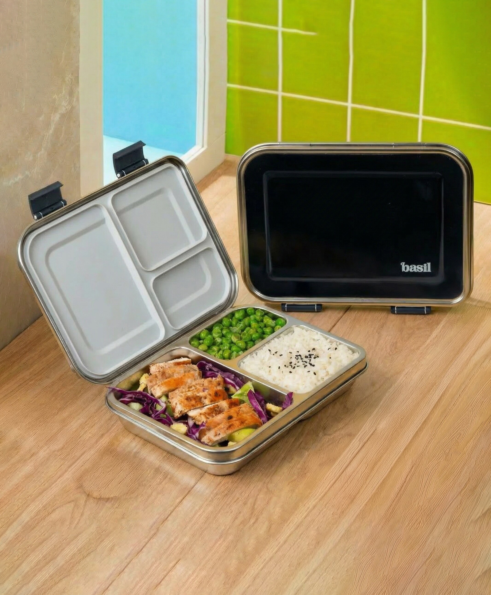 Basil Stainless Steel 3 Compartment Bento Neo Lunch Box for Kids & Adults, New & Improved, Easy to Open/Close Lunch Box - Black-image-20