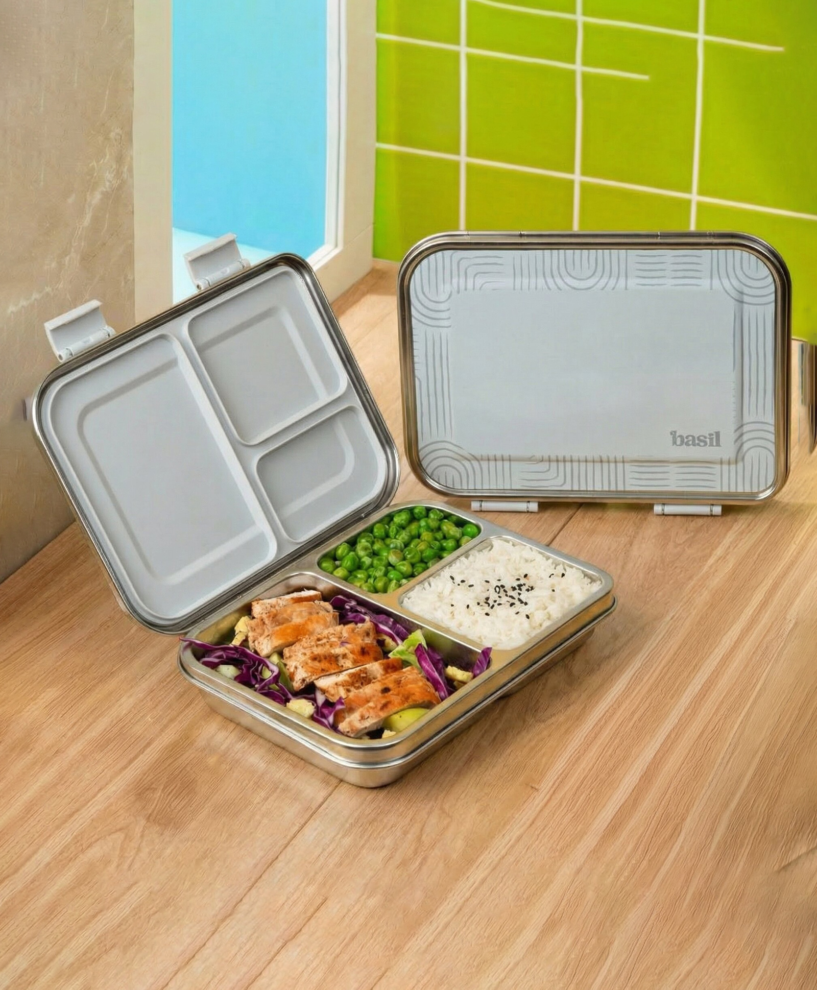 Basil Stainless Steel 3 Compartment Bento Neo Lunch Box for Kids & Adults New & Improved Easy to Open Close Lunch Box - Grey-image-12