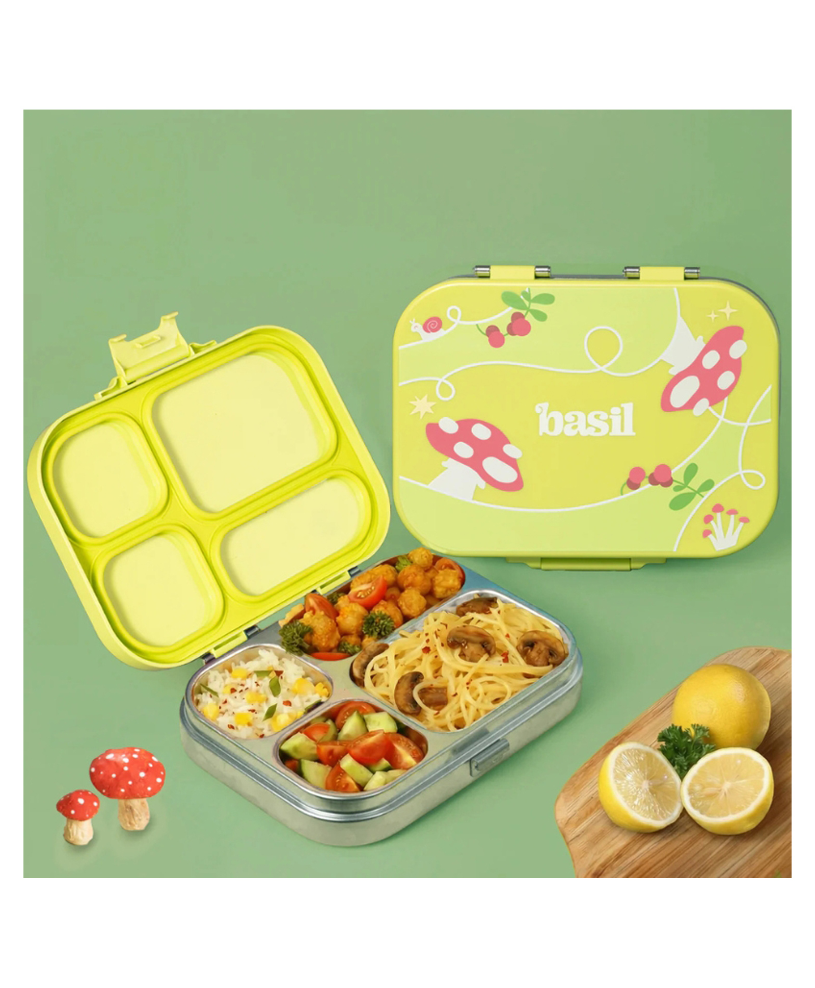 Basil Stainless Steel 4 Compartment Bento Lunch Box with BPA free Plastic Lid for Kids, 800 ml - Mushroom Trail-image-44