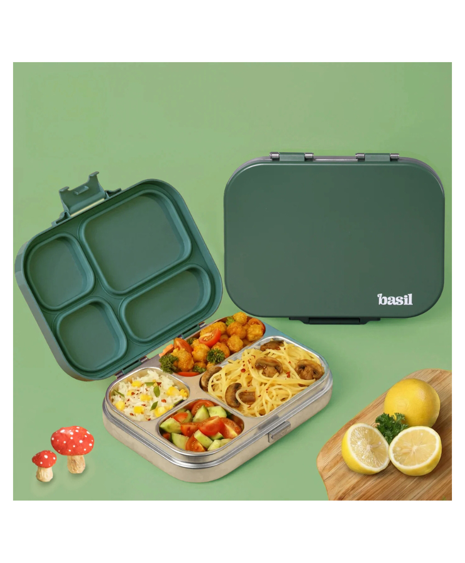 Basil Stainless Steel 4 Compartment Bento Lunch Box with BPA free Plastic Lid for Kids, 800 ml - Wild Wood-image-24