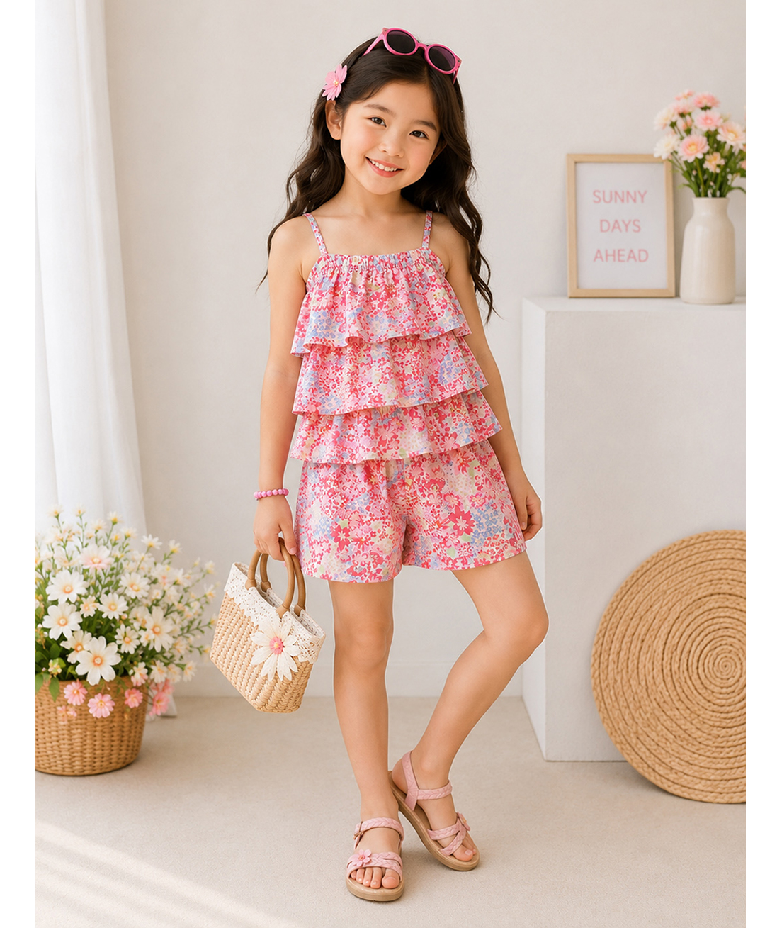 Woonie Cotton Woven Sleeveless Floral Printed Coordinating Top & Shorts Set - Multi Colour-image-2