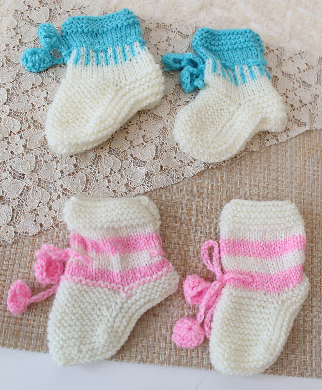 Woonie Knit Pack Of 2 Striped & Pom Pom Embellished Socks - Blue & Pink-picture-22
