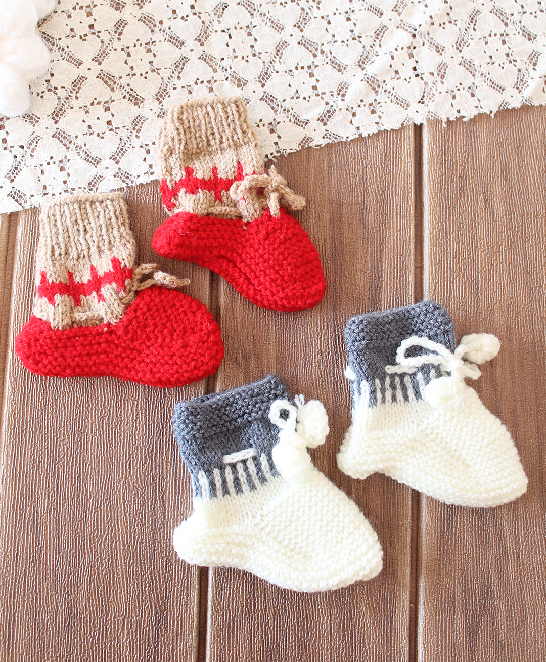 Woonie Knit Pack Of 2 Colour Blocked & Pom Pom Embellished Socks - Red & Cream-picture-29
