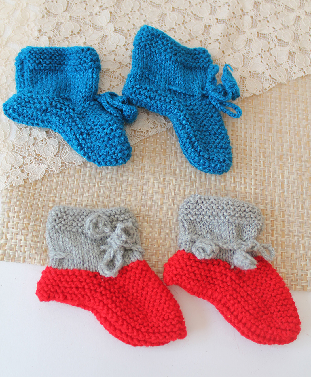 Woonie Knit Pack Of 2 Colour Blocked & Pom Pom Embellished Socks - Red & Blue-picture-21