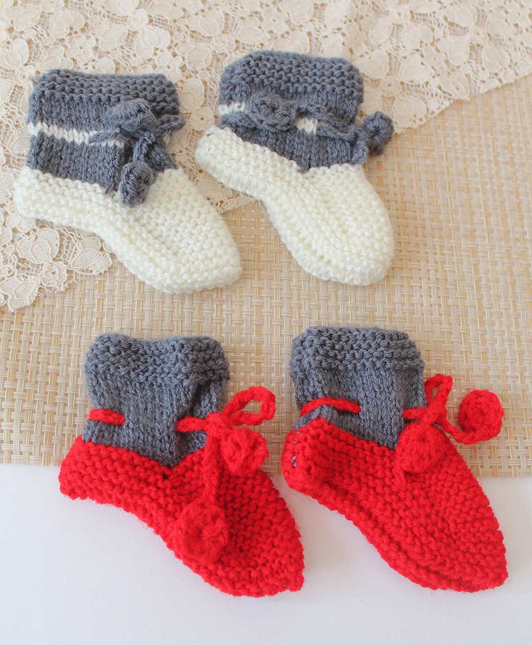 Woonie Knit Pack Of 2 Colour Blocked & Pom Pom Embellished Socks - Red & Cream-picture-27