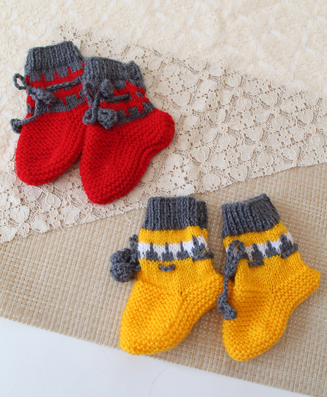 Woonie Knit Pack Of 2 Colour Blocked & Pom Pom Embellished Socks - Yellow & Red-picture-25