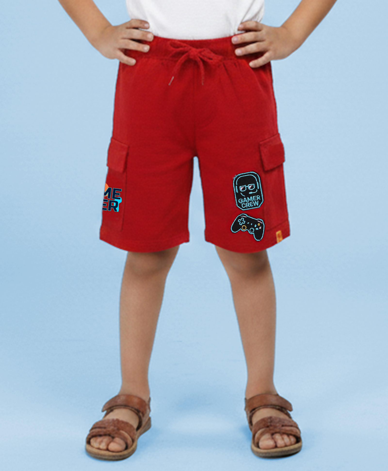 Kiddopanti Cotton Knit Gaming Theme Patch Detailed Shorts - Red-picture-16