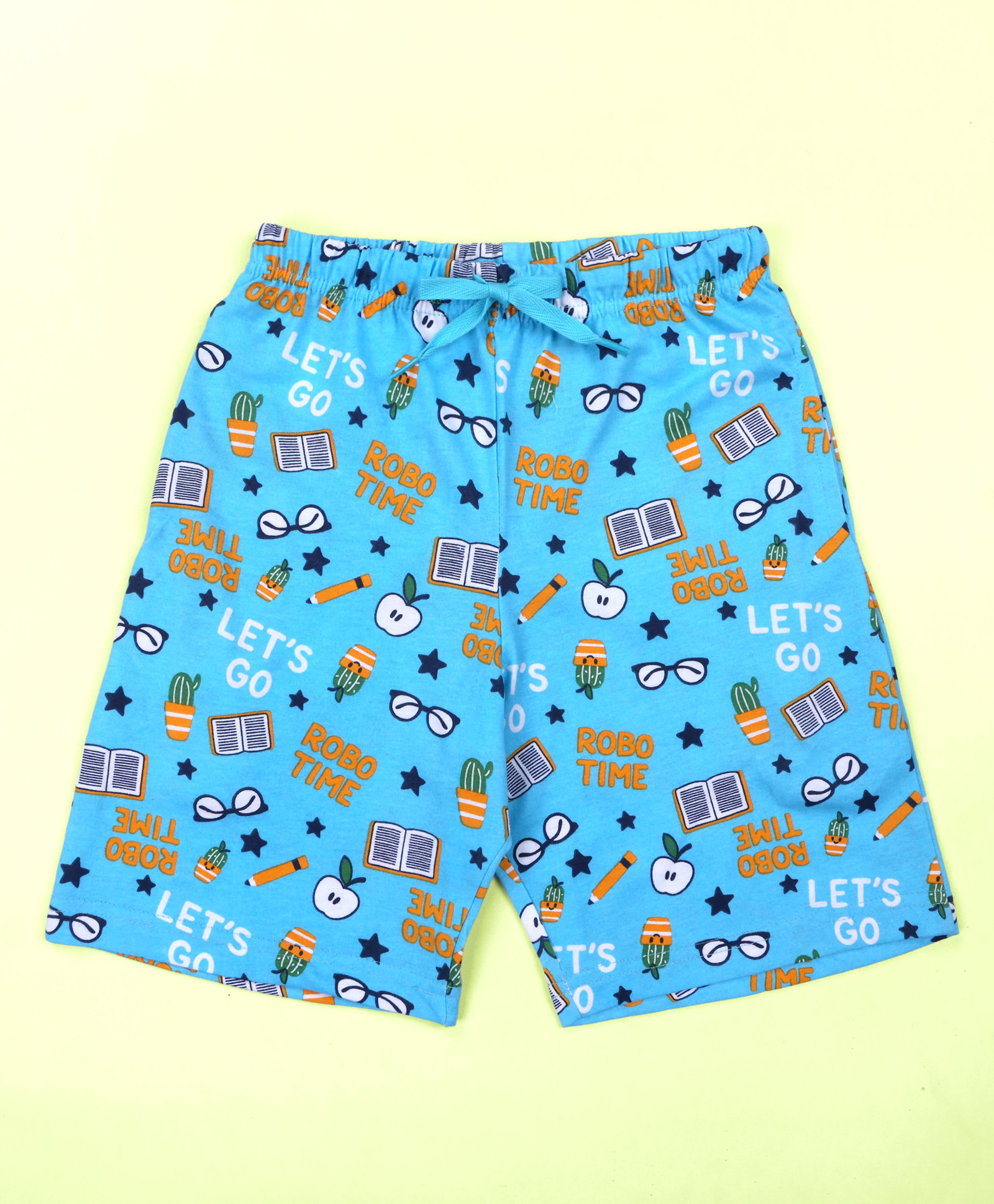 Kiddopanti Cotton Knit Robo Time Text Printed Shorts - Light Blue-picture-26