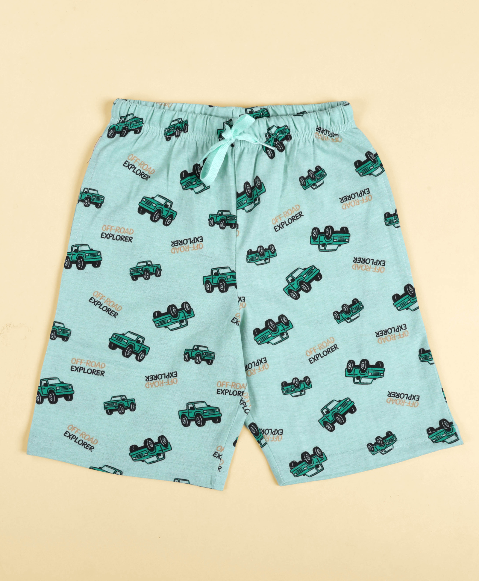 Kiddopanti Cotton Knit Off Road Explorer Text Printed Shorts - Light Green-picture-26