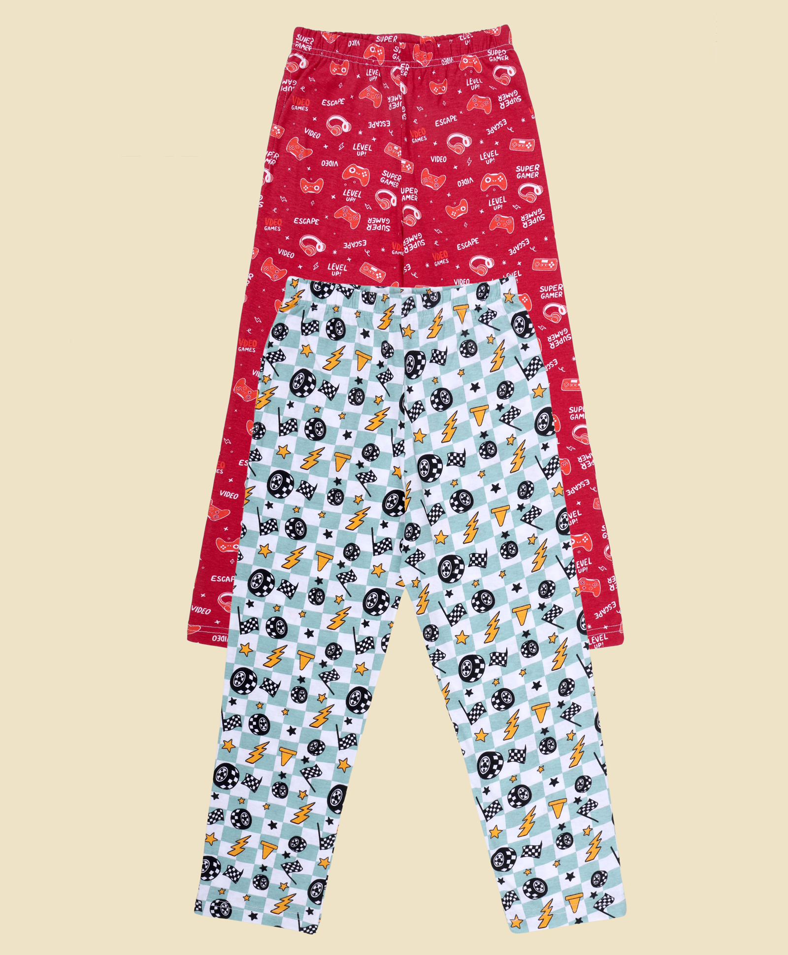 Kiddopanti Cotton Knit Pack Of 2 Gaming Theme & Racing Theme Printed Pajamas - Maroon & Light Green-picture-22