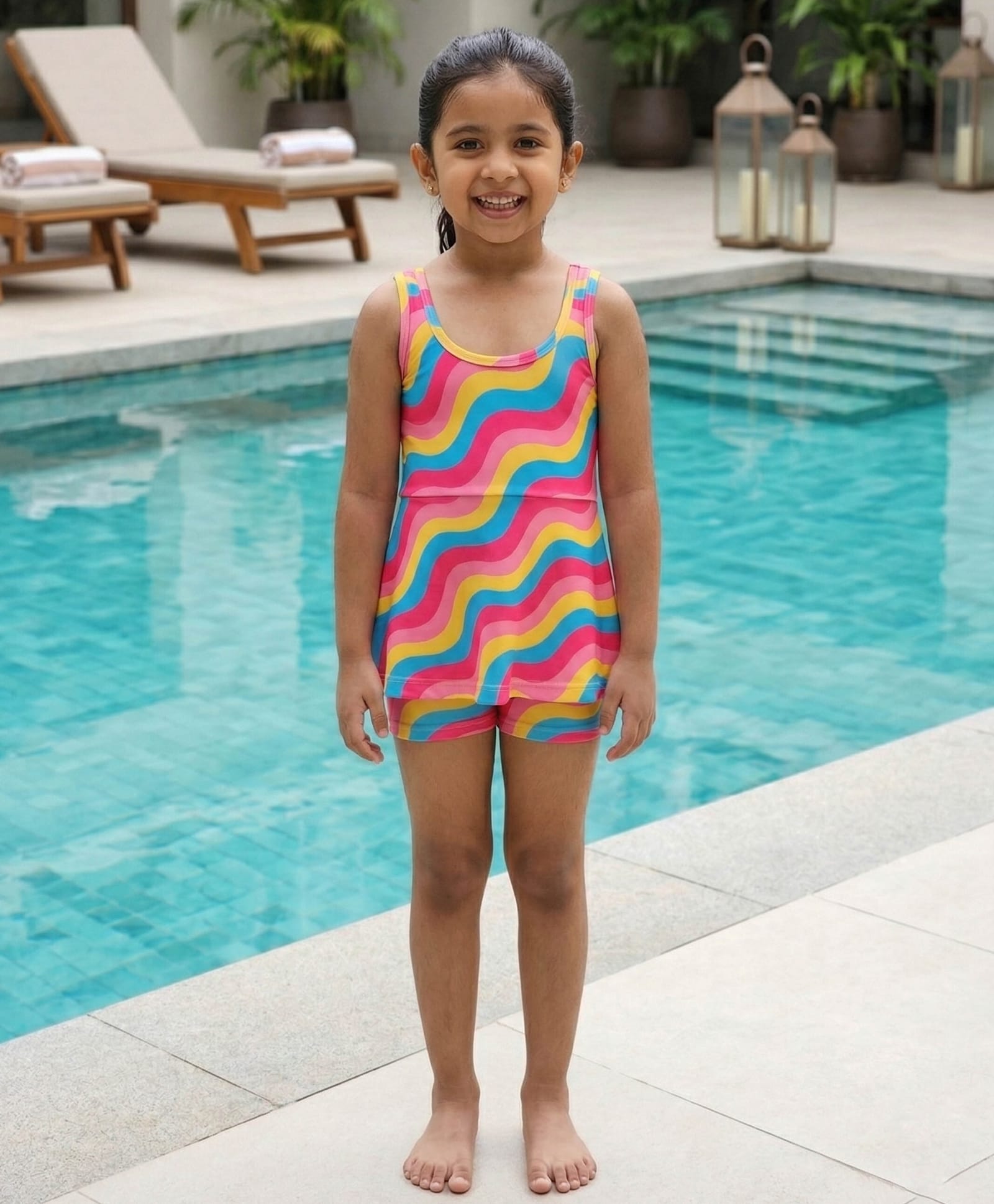 Kaboosh Sleeveless Rainbow Printed Frock Style Swimsuit With Attached Shorts - Pink-picture-18