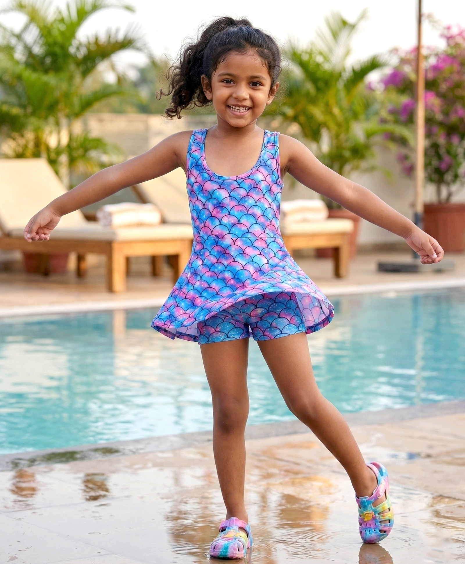 Kaboosh Sleeveless Scales Printed Frock Style Swimsuit With Attached Shorts - Blue & Pink-picture-25