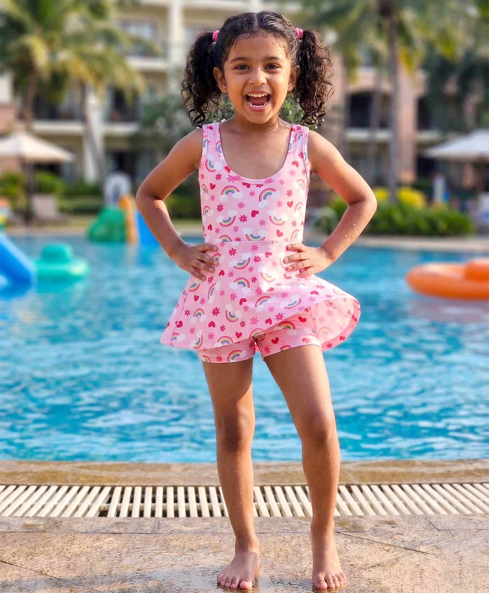 Kaboosh Sleeveless Wave Printed Frock Style Swimsuit With Attached Shorts - Pink-picture-28