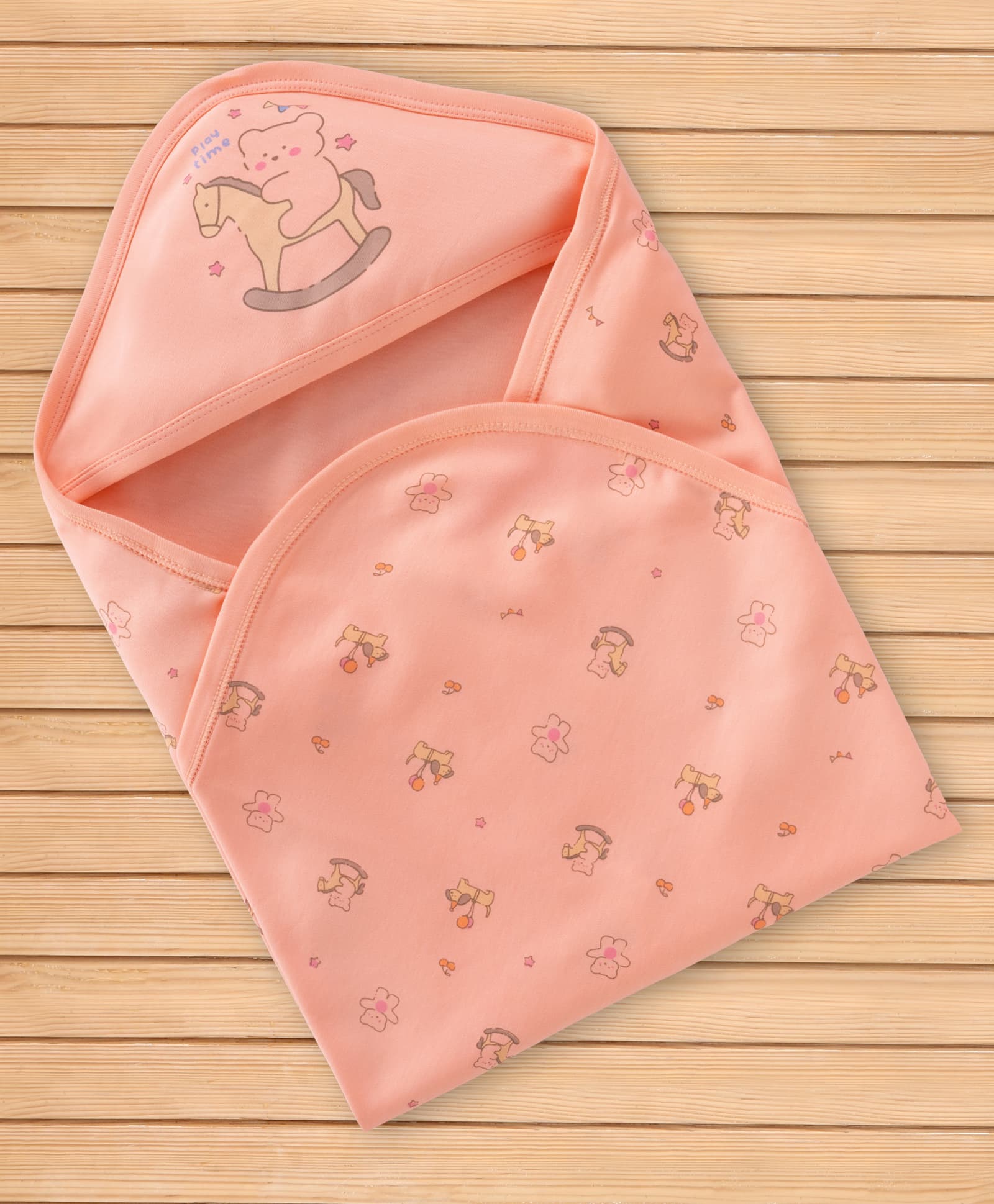 Simply Interlock Knit Hooded Towel & Wrappers with Horse & Bear Print - Peach-image-22