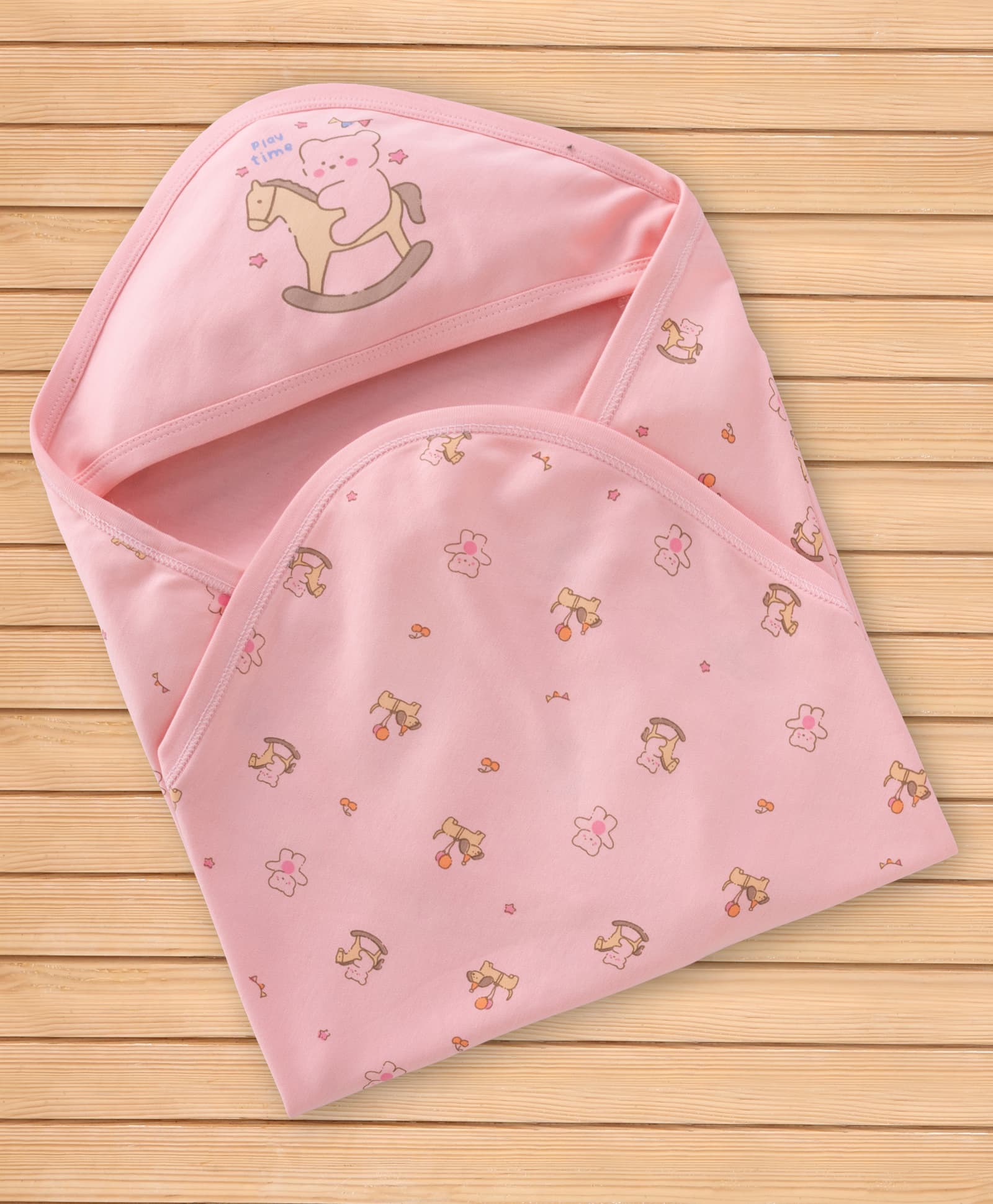 Simply Interlock Knit Hooded Towel & Wrappers with Horse & Bear Print - Pink-image-37