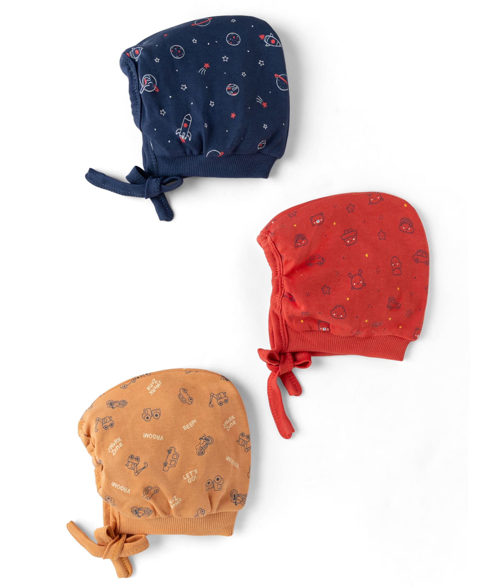 Simply Interlock Knit Baby Caps with Space, Animal & Vehicle Design Pack of 3 Navy Blue, Red, Mustard - Diameter 8 cm-image-31