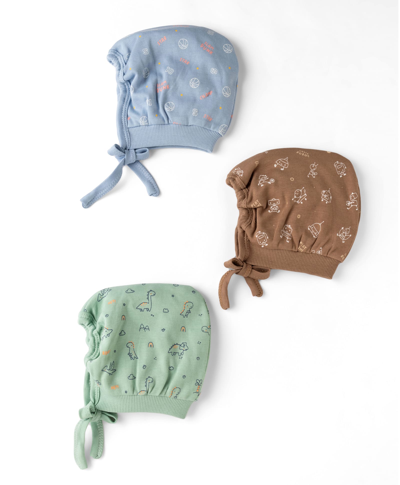 Simply Interlock Knit Baby Caps with Slam Dunk, Robots & Dinosaurs Print Sky, Teal, Brown Pack of 3 - Diameter 8 cm-image-12