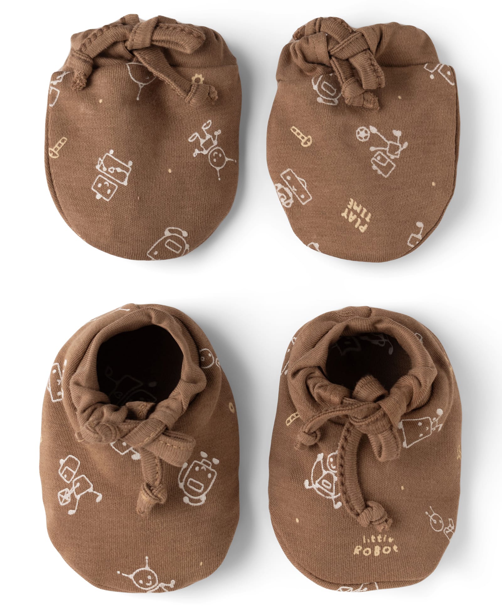 Simply Interlock Knit Mittens & Booties with Robot Print - Brown-image-2
