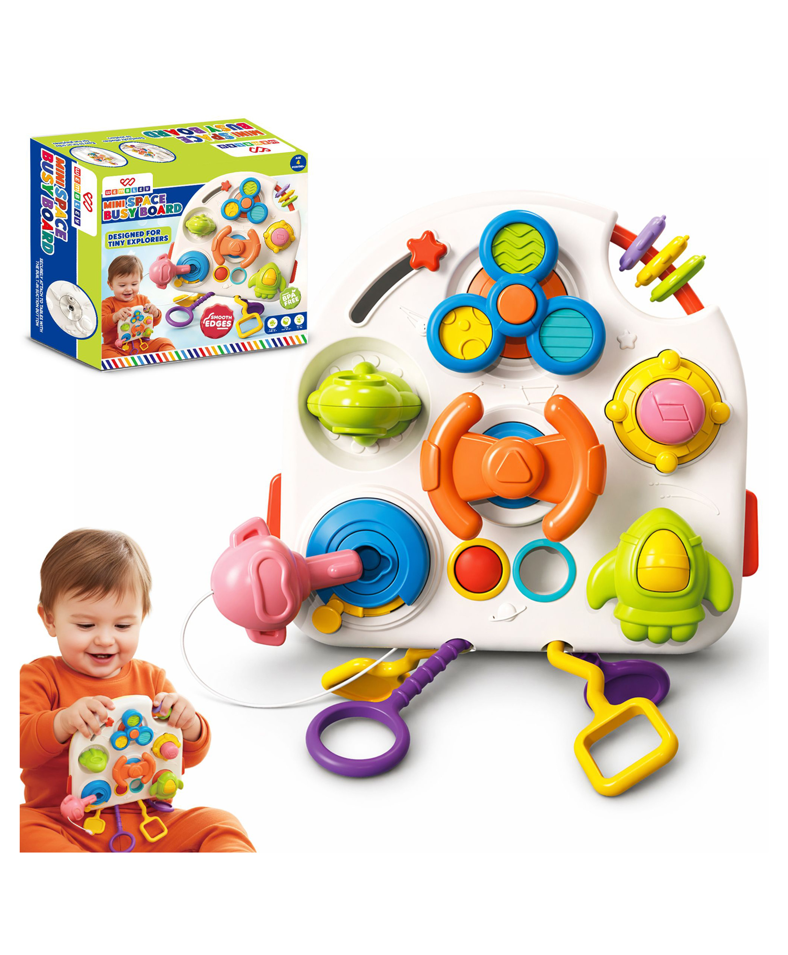 Wembley Toys Mini Space Busy Board for Toddlers Montessori Sensory Activity Toy with Spinning, Sliding & Fine Motor Activities-image-41