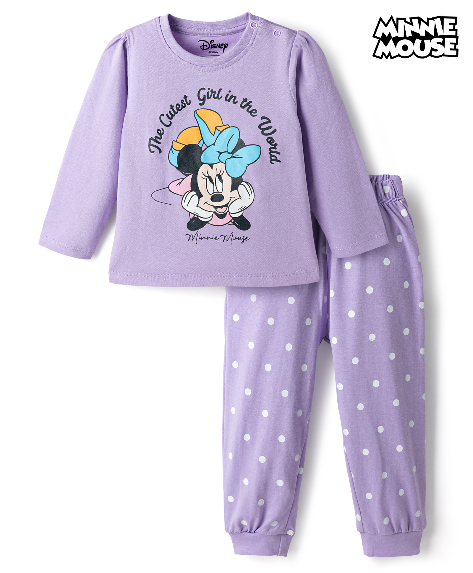 Babyhug Disney Single Jersey Knit Full Sleeves T-Shirt & Pyjama Night Suit Set With Minnie Mouse Graphic Text & Polka Dot Print - Lavender-picture-32