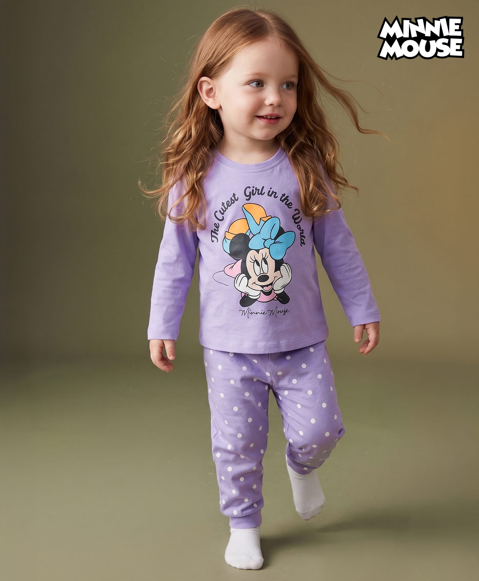 Babyhug Disney Single Jersey Knit Full Sleeves T-Shirt & Pyjama Night Suit Set With Minnie Mouse Graphic Text & Polka Dot Print - Lavender-picture-33