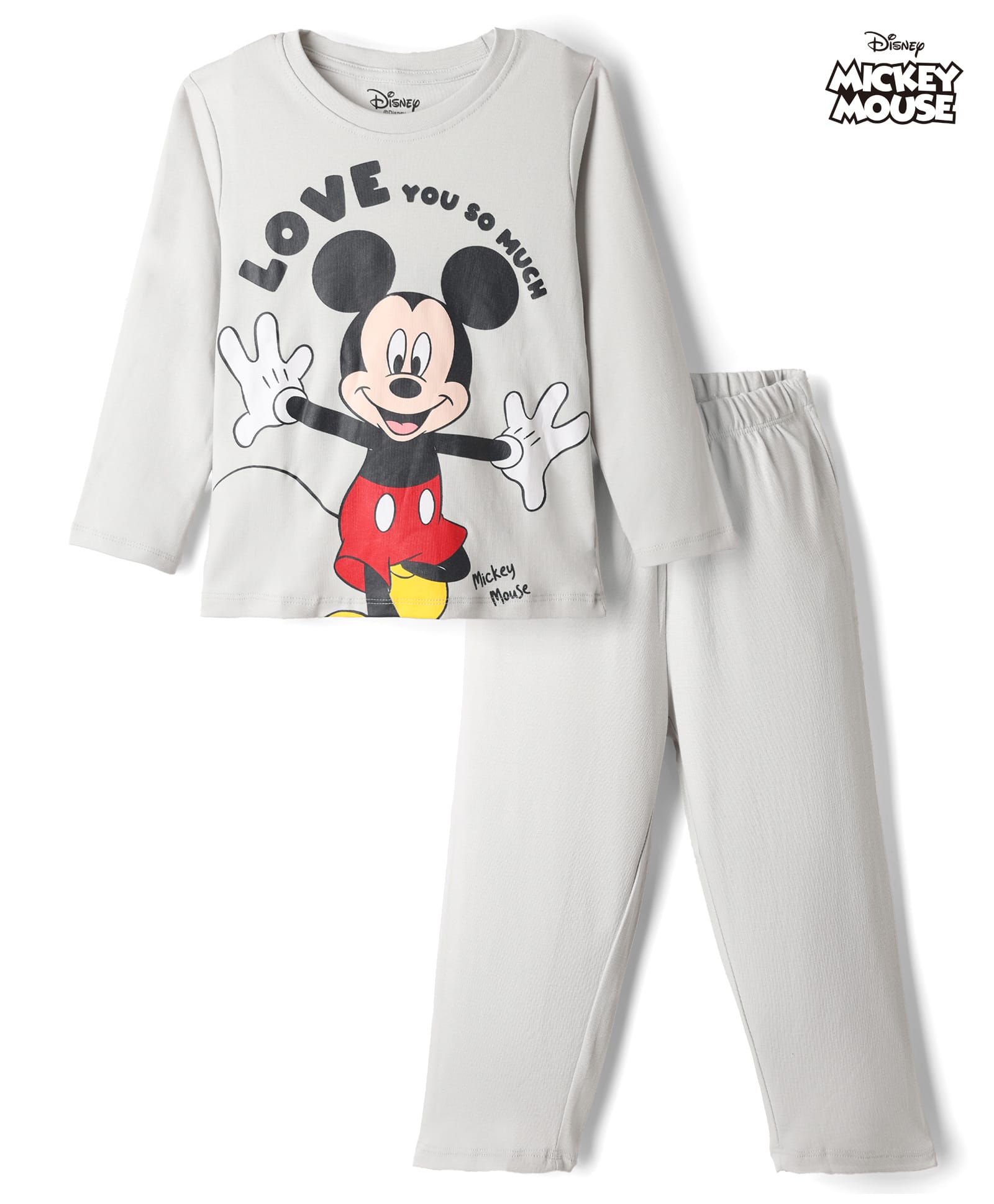 Babyoye Disney Interlock Knit Full Sleeves T-Shirt & Pyjama Night Suit with Mickey Mouse Graphic - Grey-picture-2