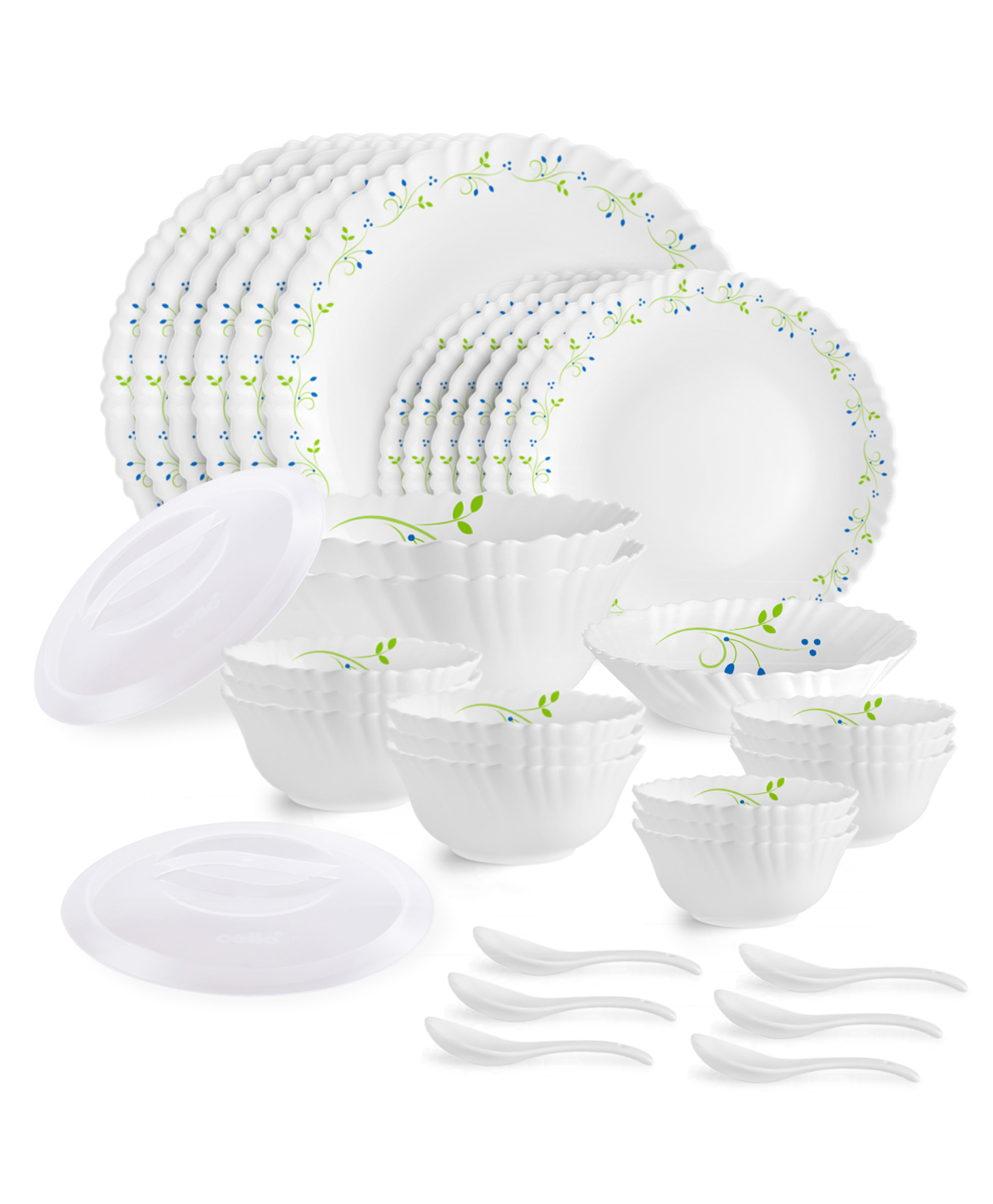 Cello Opalware Dazzle Series Tropical Lagoon 35-Piece Opal Glass Dinner Set for 6 Lightweight Daily Use Crockery Set - White-image-1
