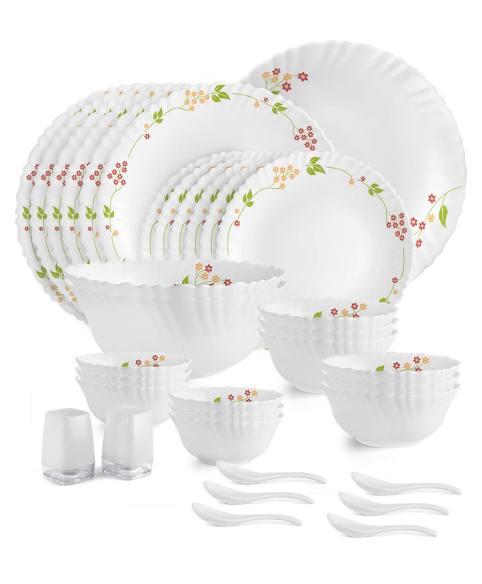cello opalware dazzle series secret garden dinner set, 35 pcs opal glass dinner set with lightweight design for daily use