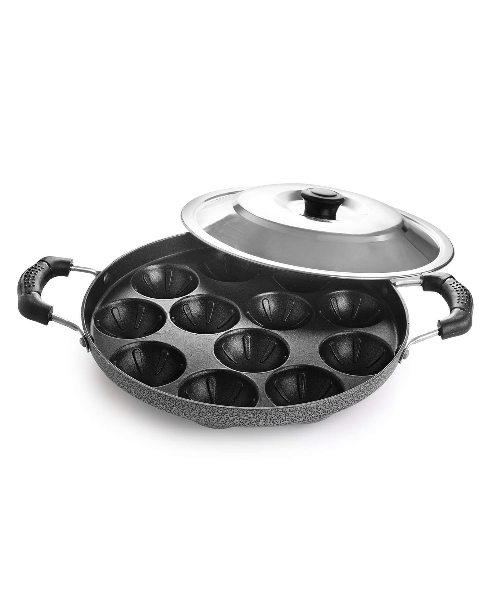 Cello Non-Stick Grill Appam Patra, 12 Cavity, 2 Side Handle with Stainless Steel Lid - Black-image-47