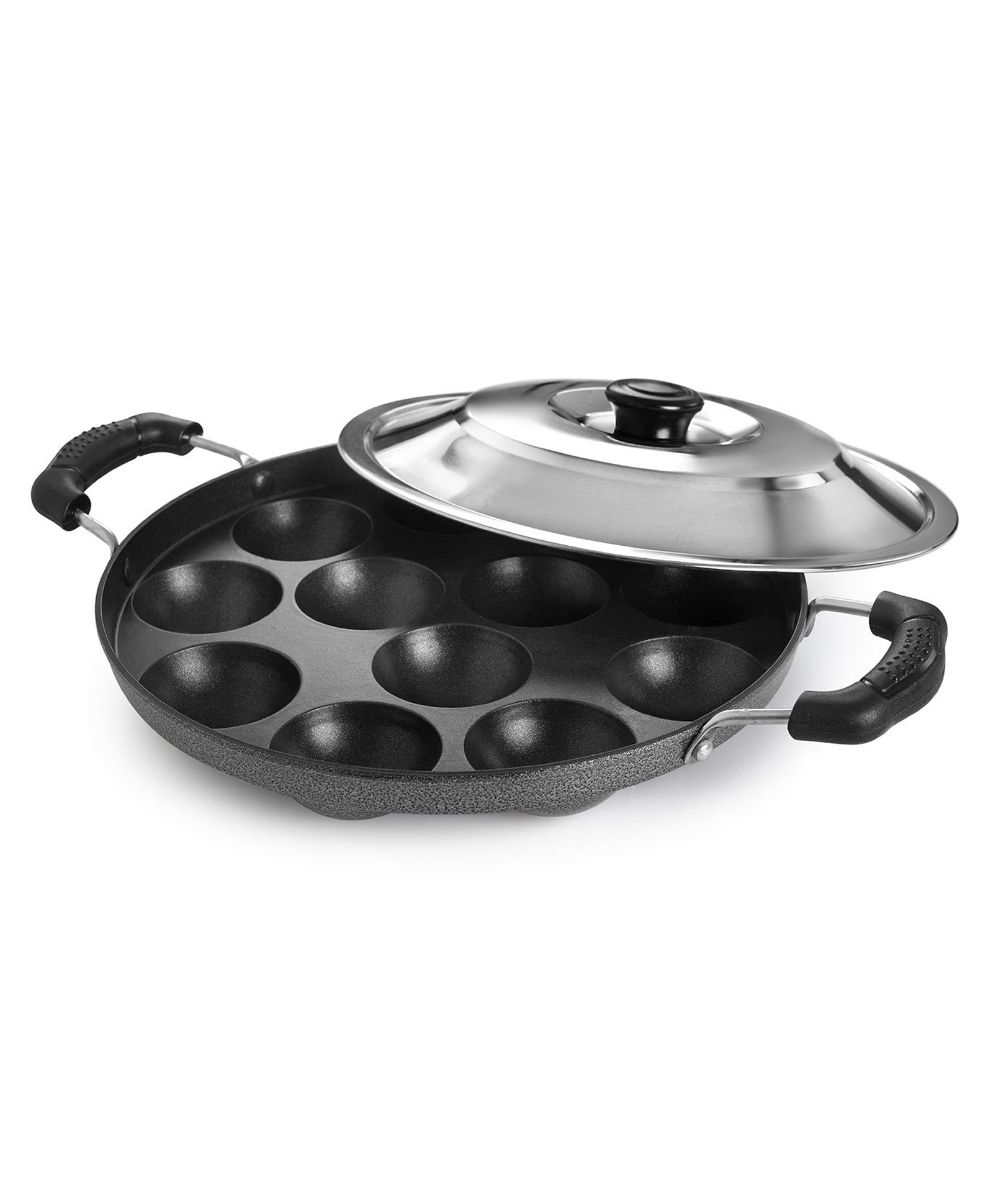 Cello Non-Stick Grill Appam Patra, 12 Cavity, 2 Side Handle with Stainless Steel Lid - Black-image-48