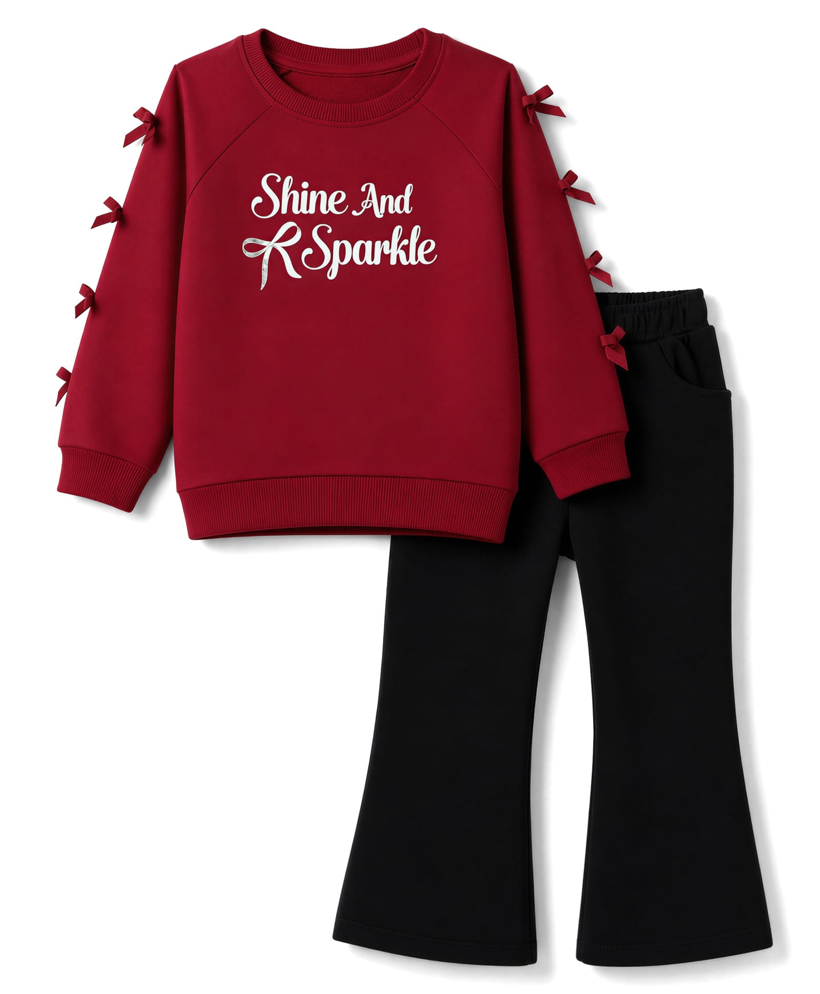 Babyhug Terry Knit Full Sleeves Bow Appliqued Top With Text Print & Flared Leggings - Maroon-image-43