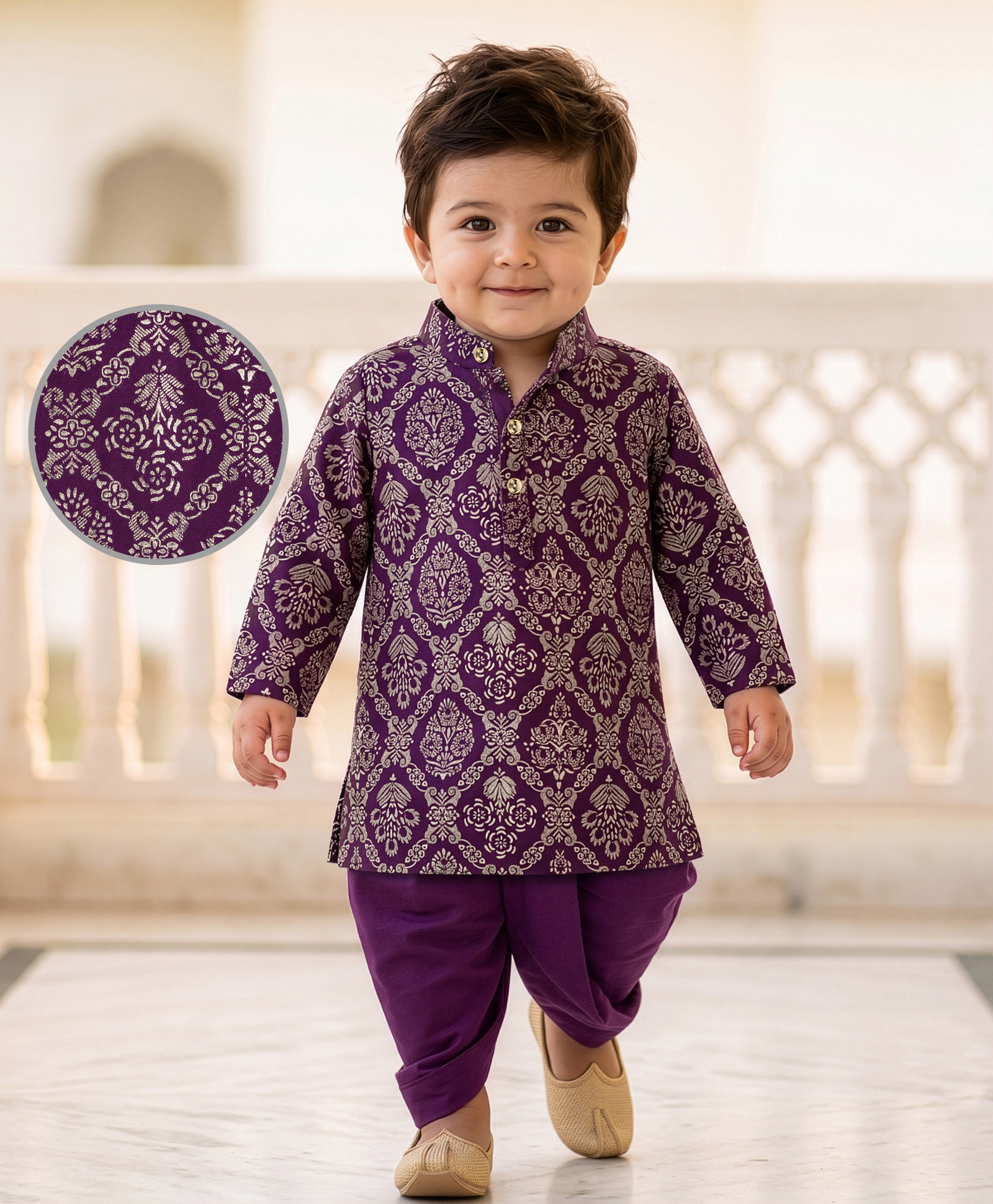 EARTHY TOUCH Cotton Jersey Knit Full Sleeves Dhoti Kurta Set With Banarasi Paisley Print - Purple-picture-24