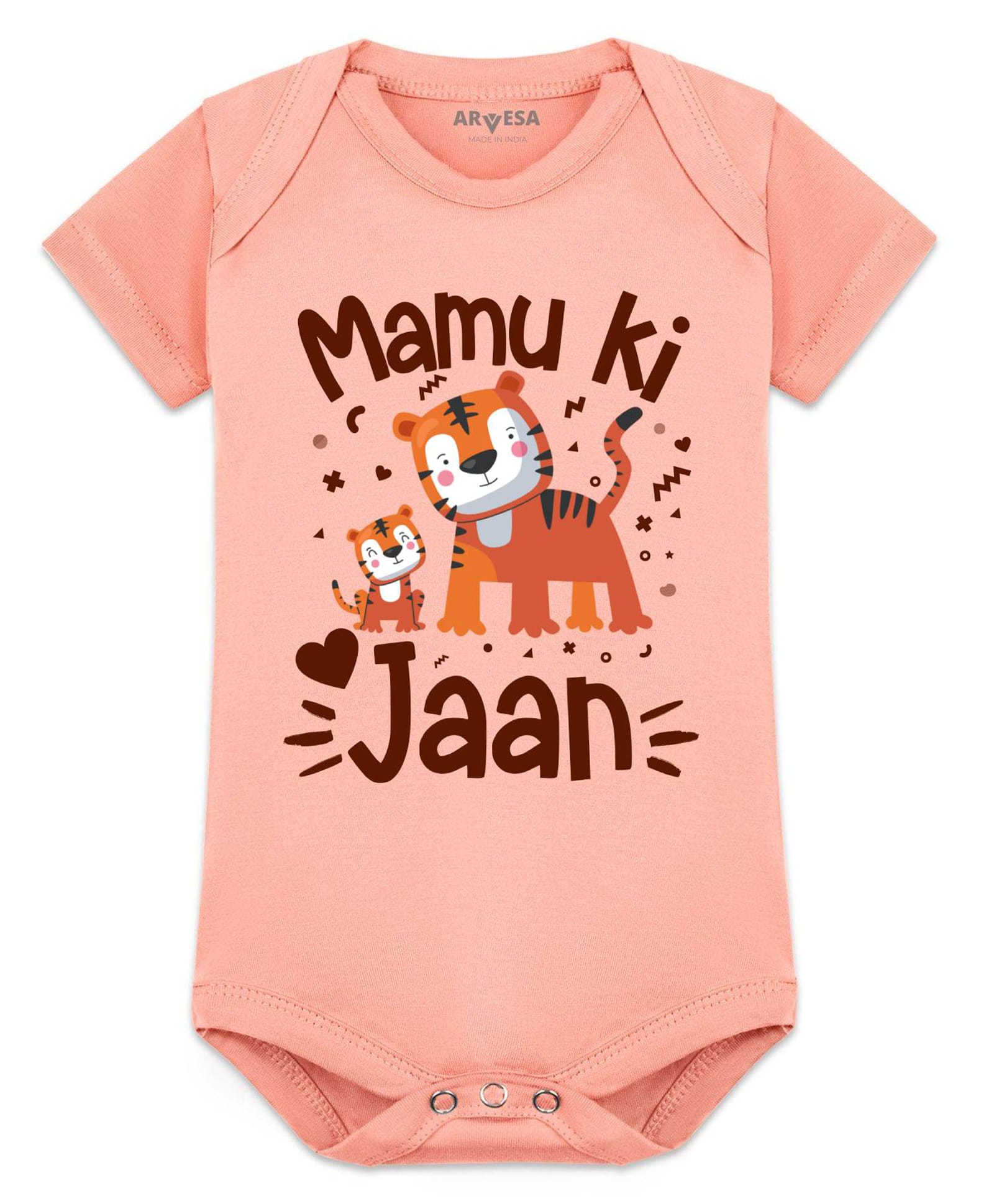 Arvesa Cotton Blend Knit Half Sleeves Tiger & Cub Printed Onesie - Peach-image-40