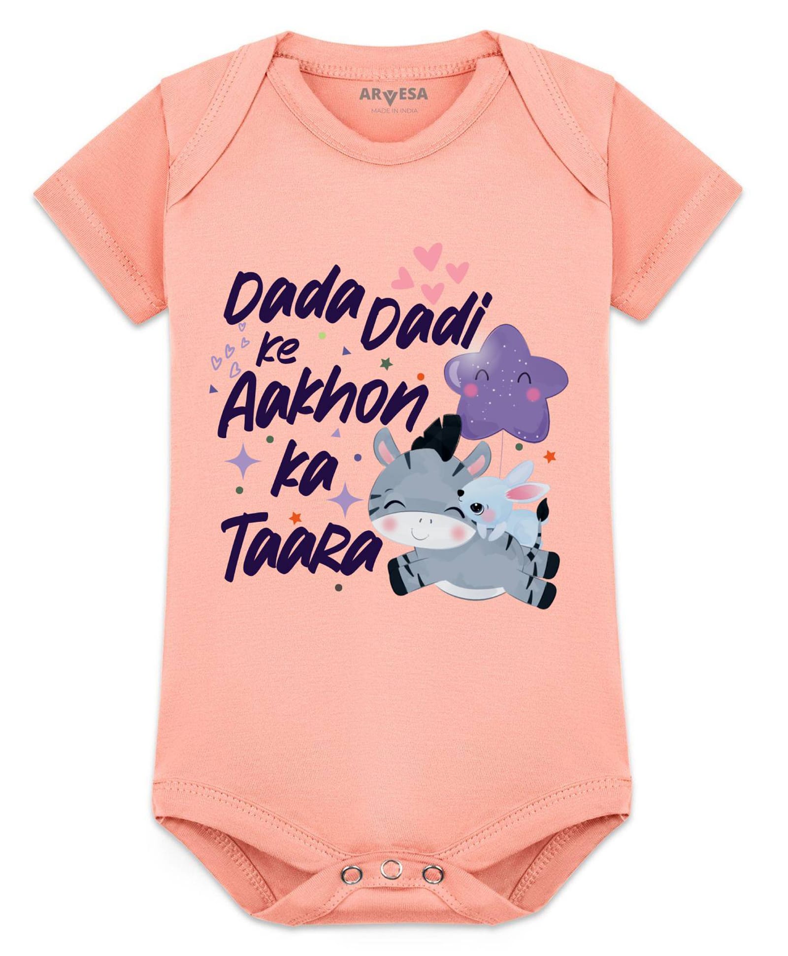 Arvesa Cotton Blend Knit Half Sleeves Dada Dadi Ke Aankhon Ka Tara Text Printed Onesie - Peach-picture-34