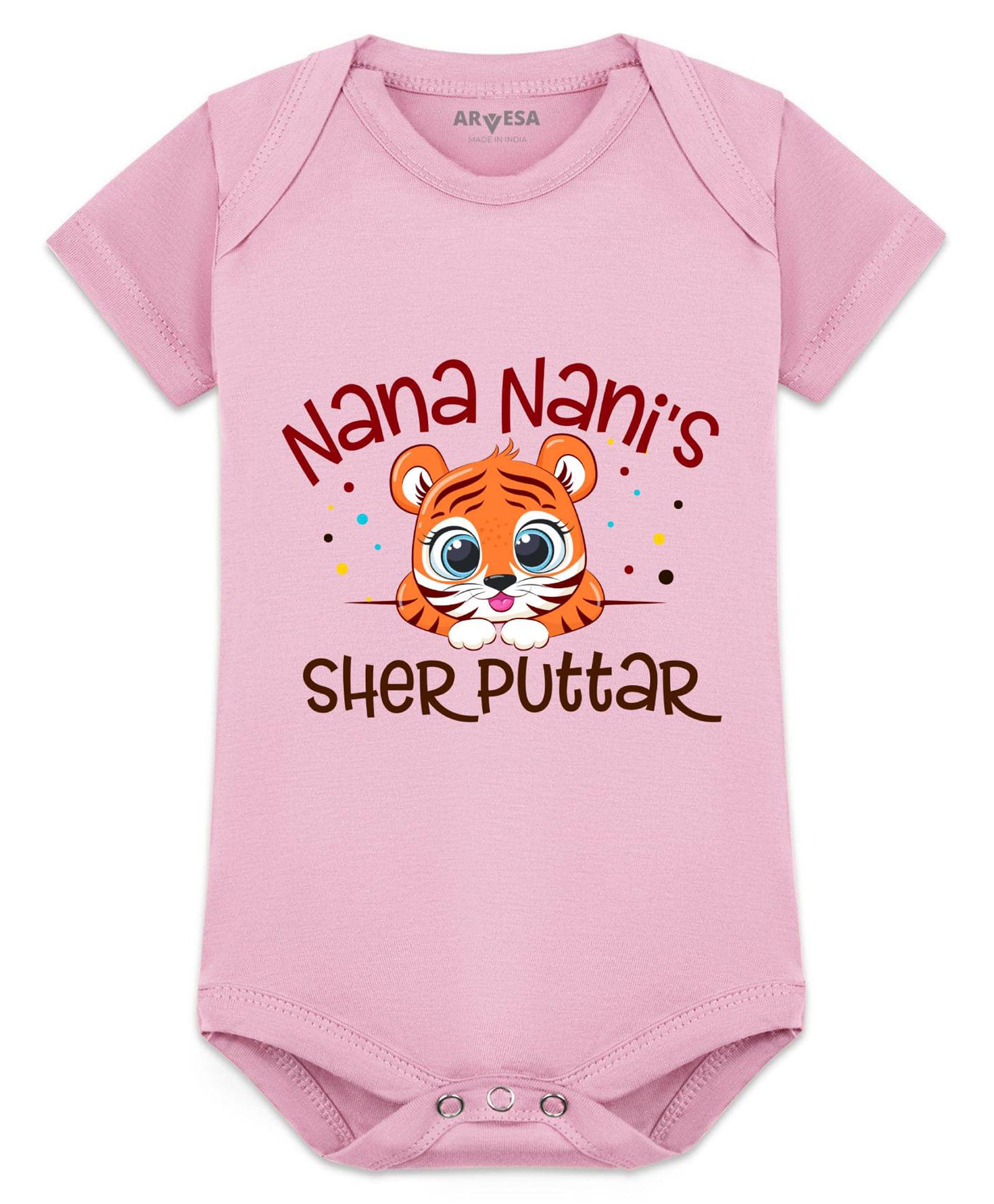 Arvesa Cotton Blend Knit Half Sleeves Tiger Cub Printed Onesie - Pink-image-46