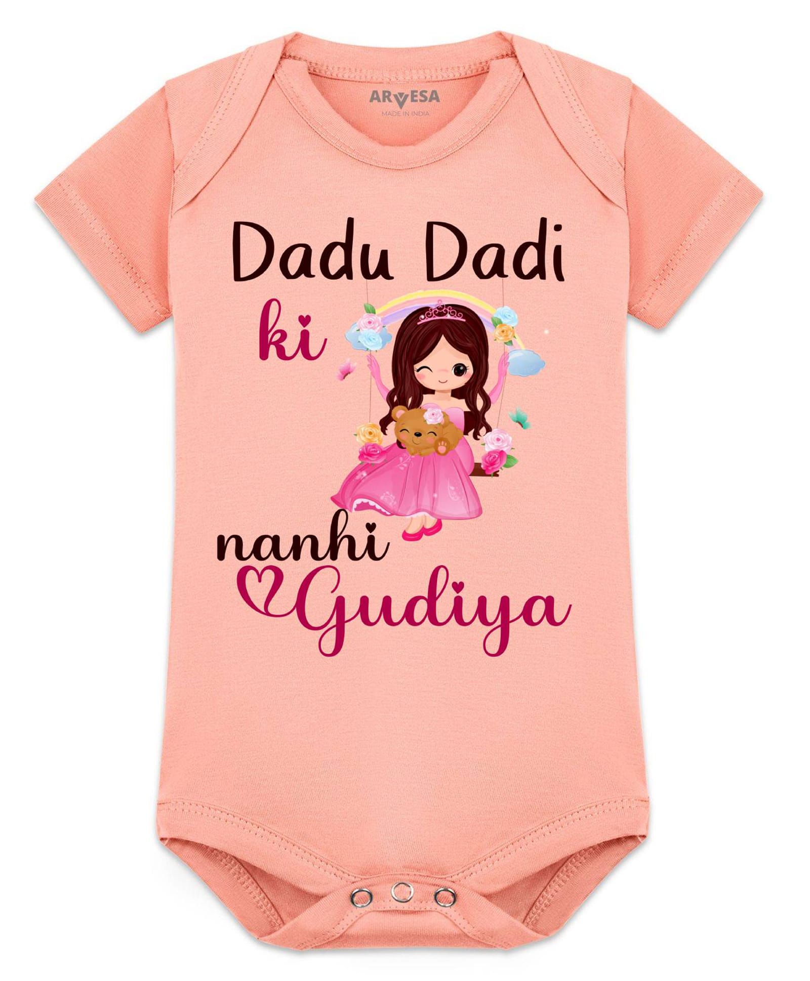 Arvesa Knitted Half Sleeves Dada Dadi Ki Nani Gudiya Printed Romper - Peach-image-3