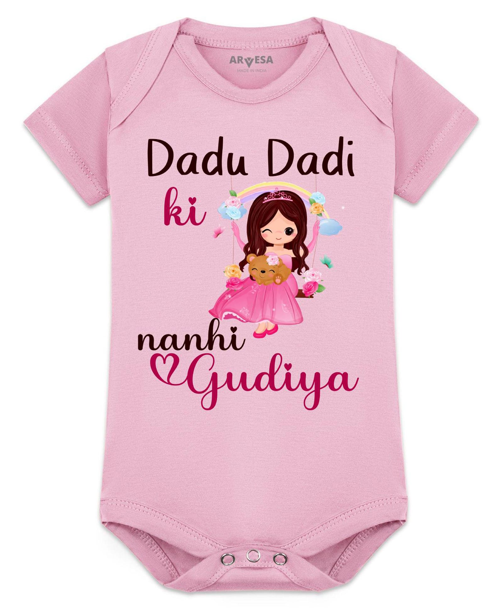 Arvesa Knitted Half Sleeves Dada Dadi Ki Nani Gudiya Printed Romper - Pink-image-0