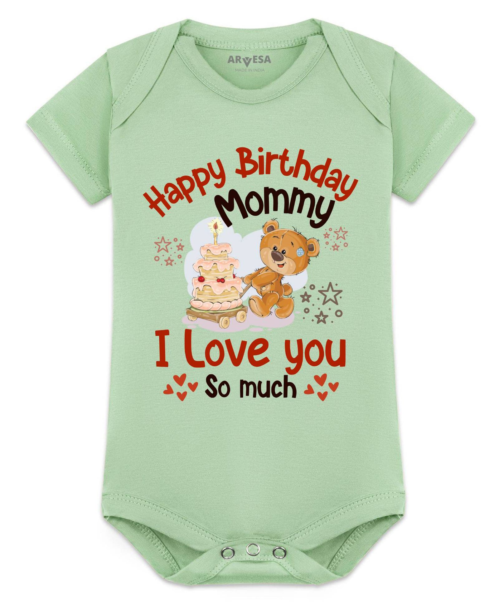 Arvesa Cotton Blend Knit Half Sleeves Happy Birthday Mummy I Love You So Much Text Printed Onesie - Soft Green-image-43