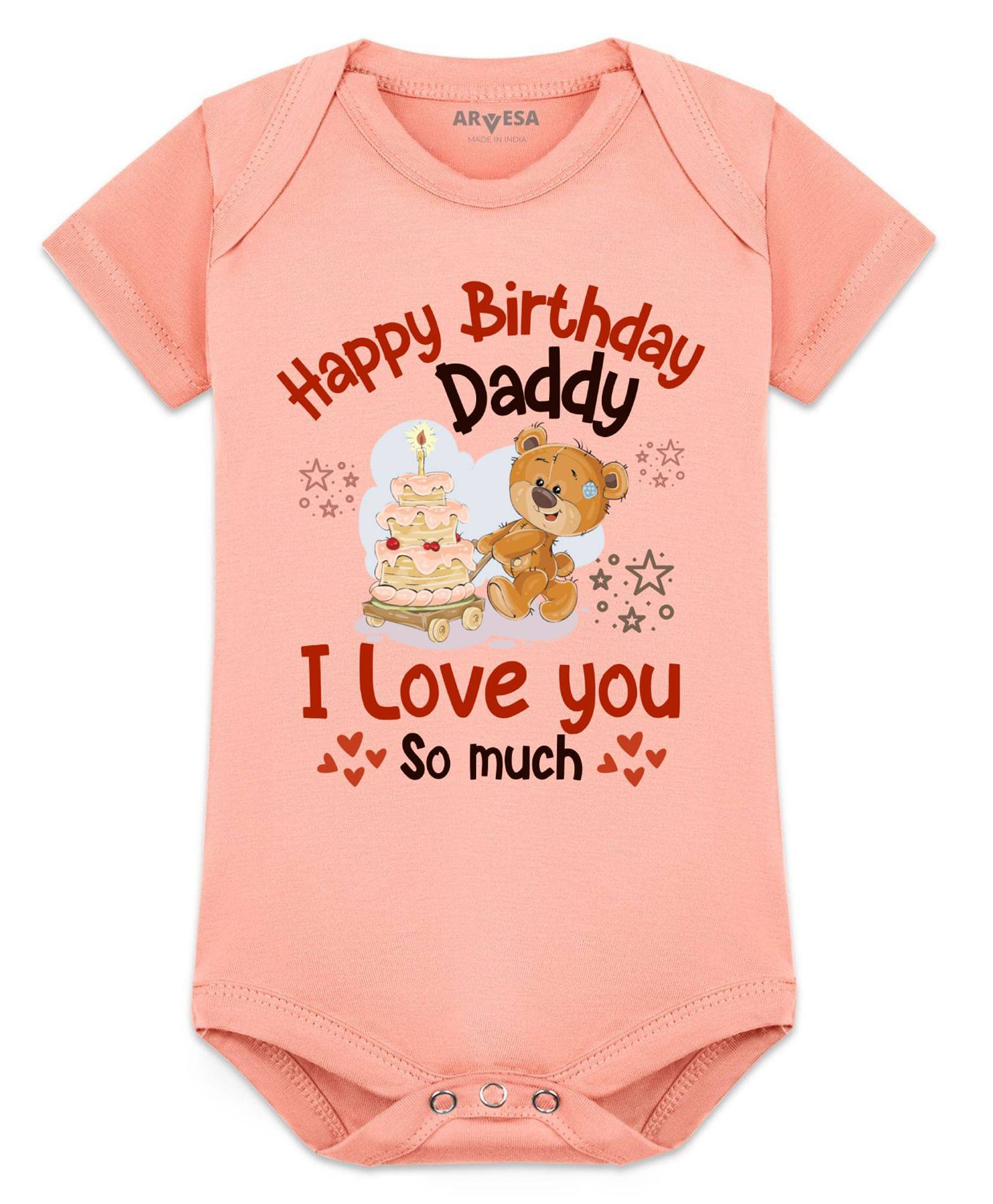 Arvesa Cotton Blend Knit Half Sleeves Happy Birthday Daddy I Love You So Much Text Printed Onesie - Peach-image-3