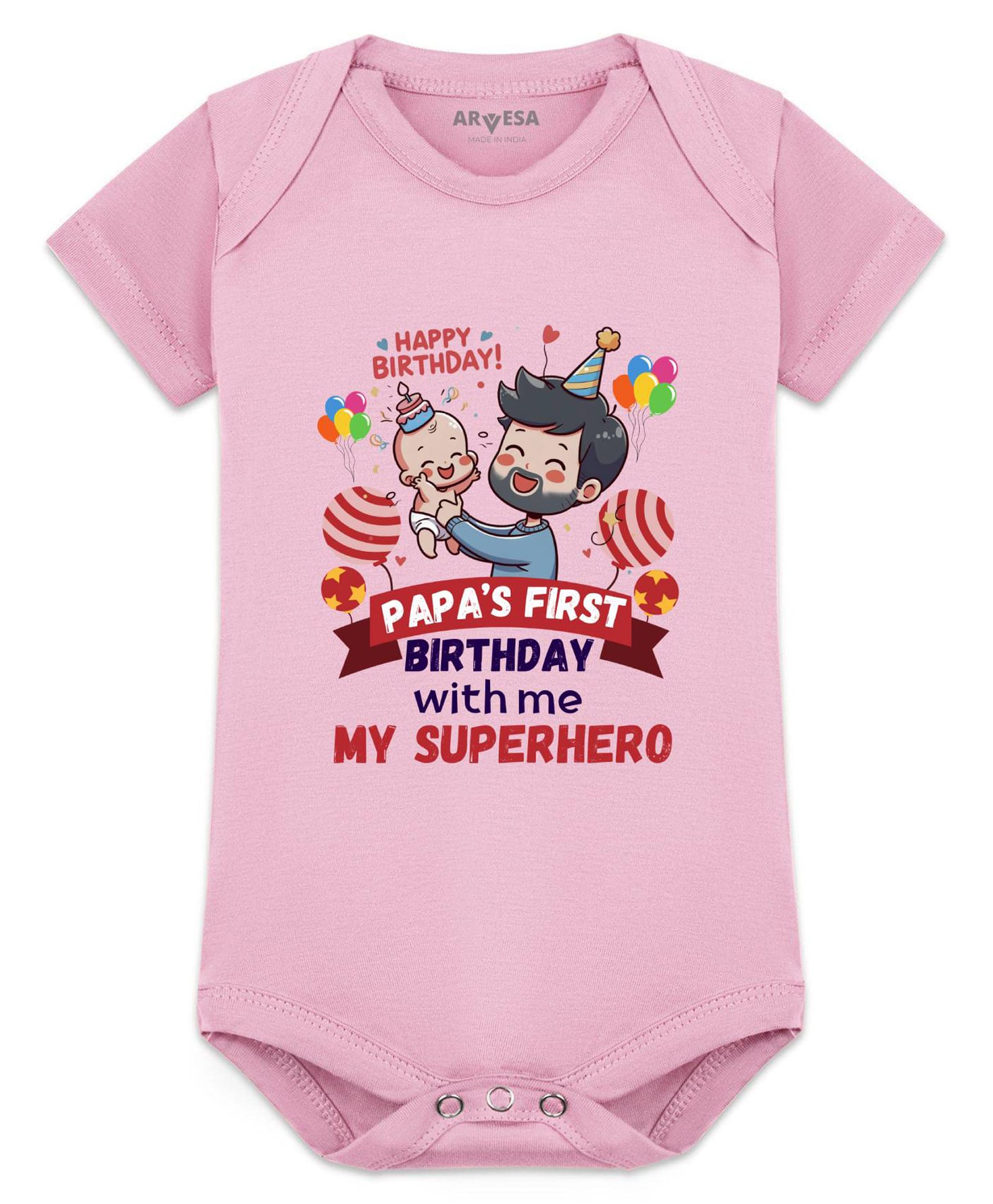 Arvesa Cotton Blend Knit Half Sleeves Father & Son Printed Onesie - Pink-image-49