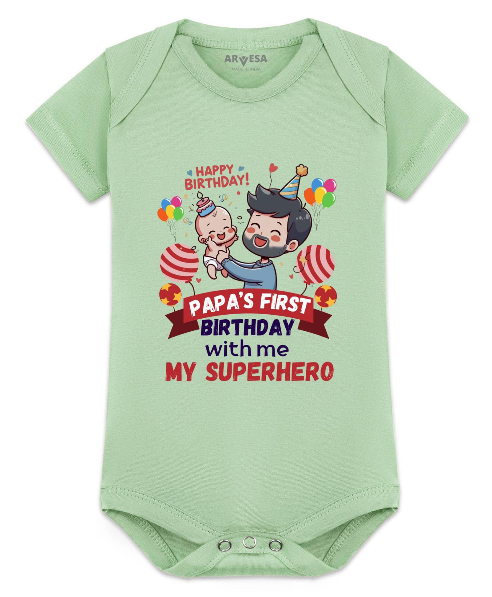 Arvesa Cotton Blend Knit Half Sleeves Father & Son Printed Onesie - Soft Green-image-22