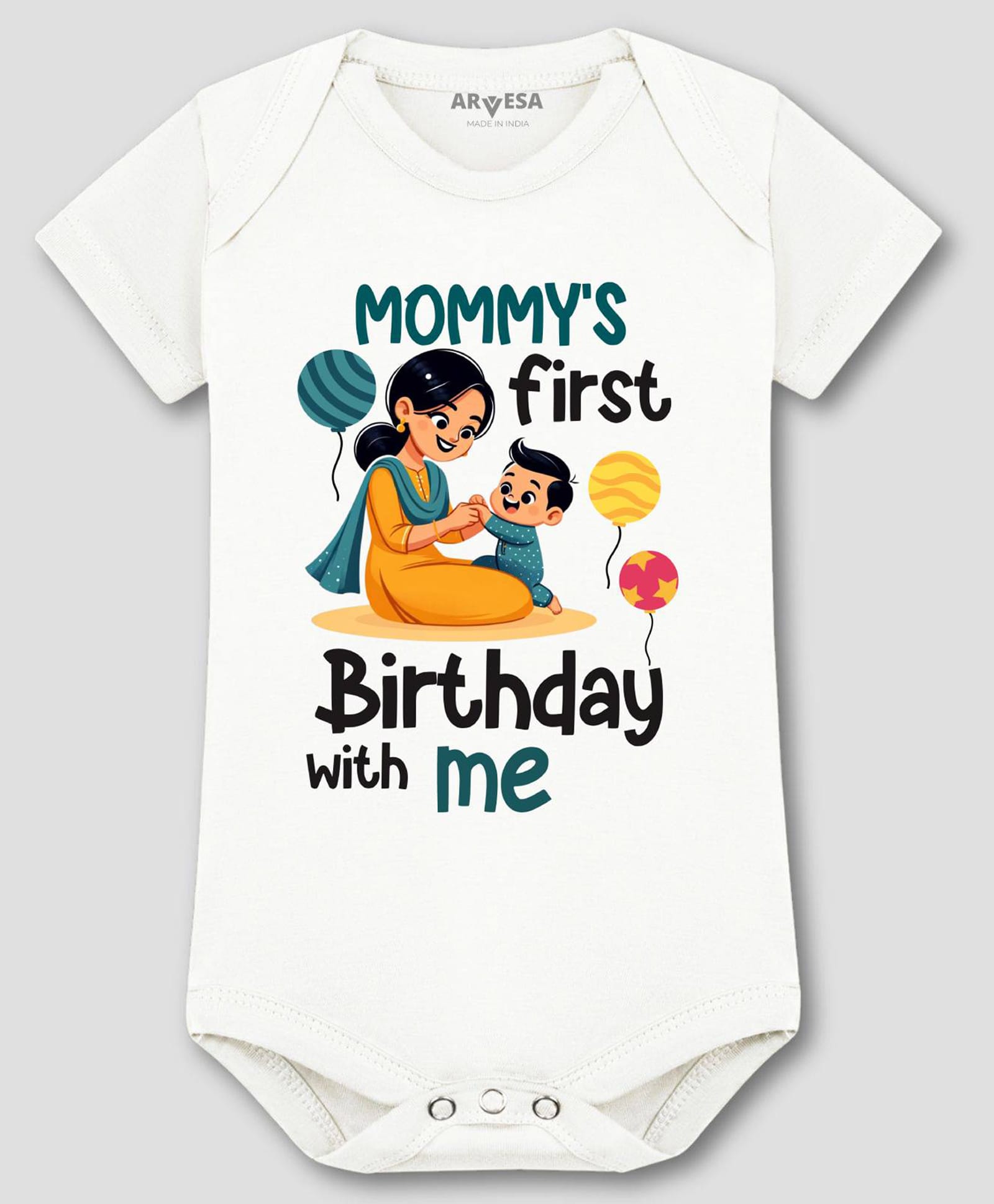 Arvesa Cotton Blend Knit Half Sleeves Mother & Son Printed Onesie - White-picture-24