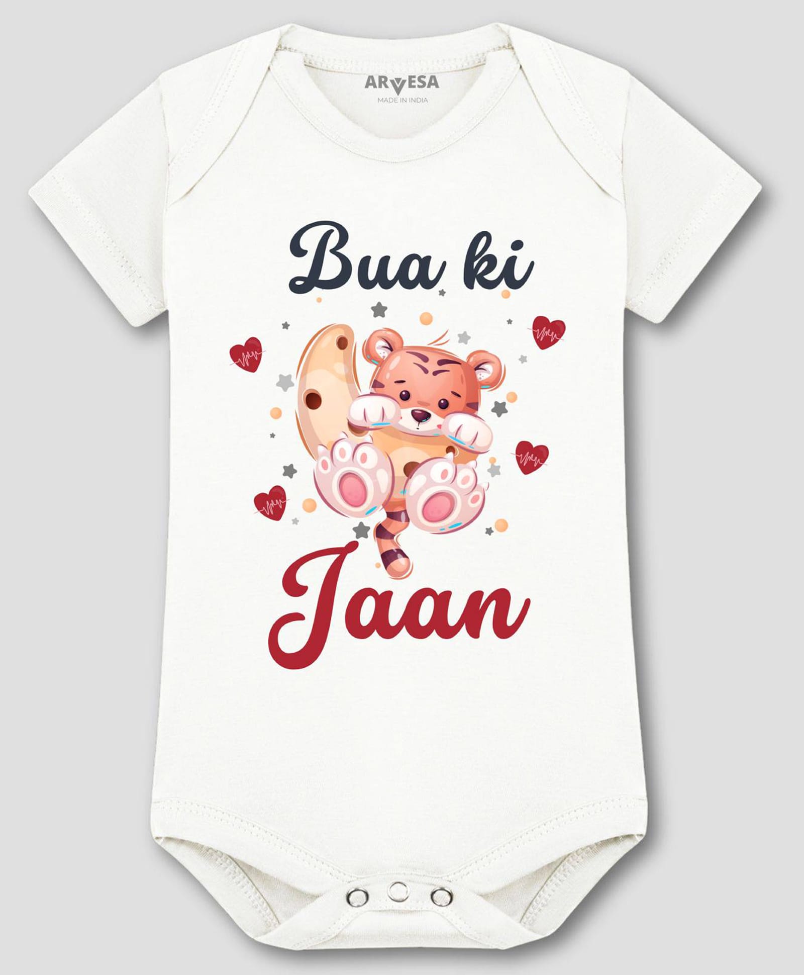 Arvesa Cotton Blend Knit Half Sleeves Tiger Cub Printed Onesie - White-image-29