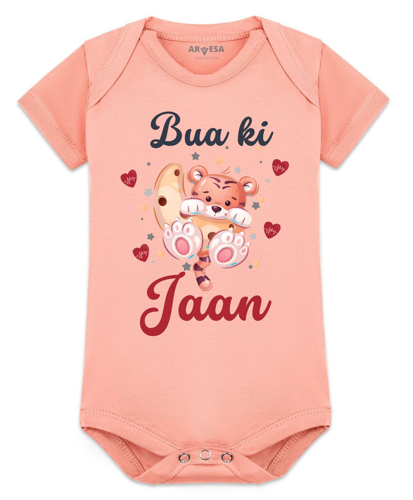Arvesa Cotton Blend Knit Half Sleeves Tiger Cub Printed Onesie - Peach-image-41