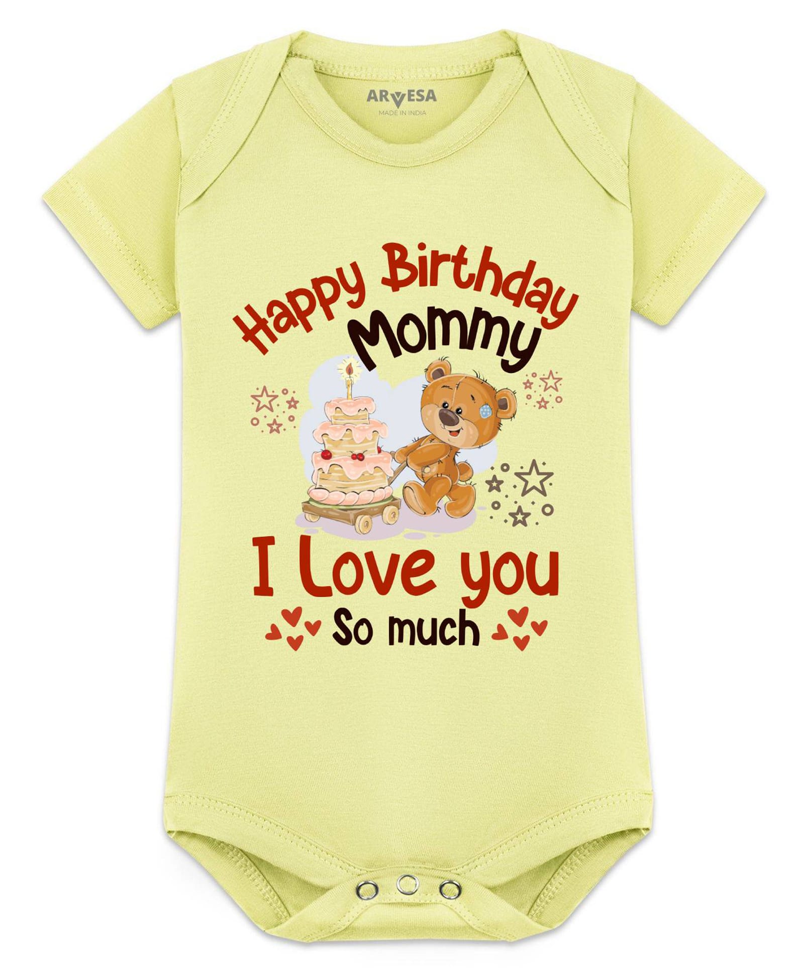 Arvesa Cotton Blend Knit Half Sleeves Happy Birthday Mummy I Love You So Much Text Printed Onesie - Yellow-picture-40