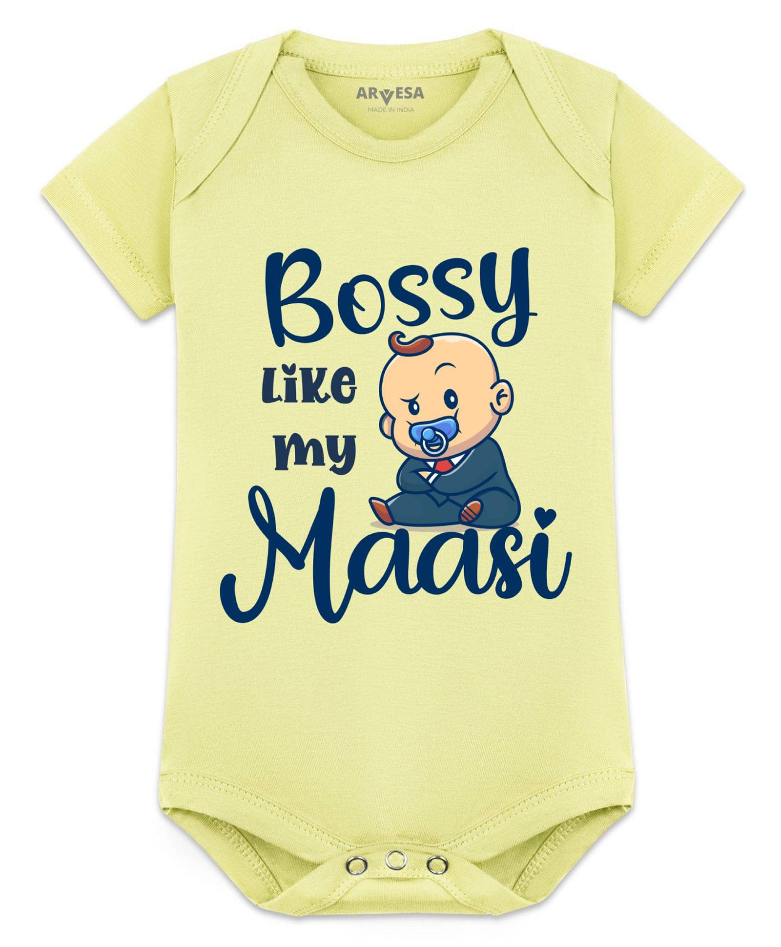 Arvesa Cotton Blend Knit Half Sleeves Bossy Like My Maasi Text Printed Onesie - Yellow-picture-17