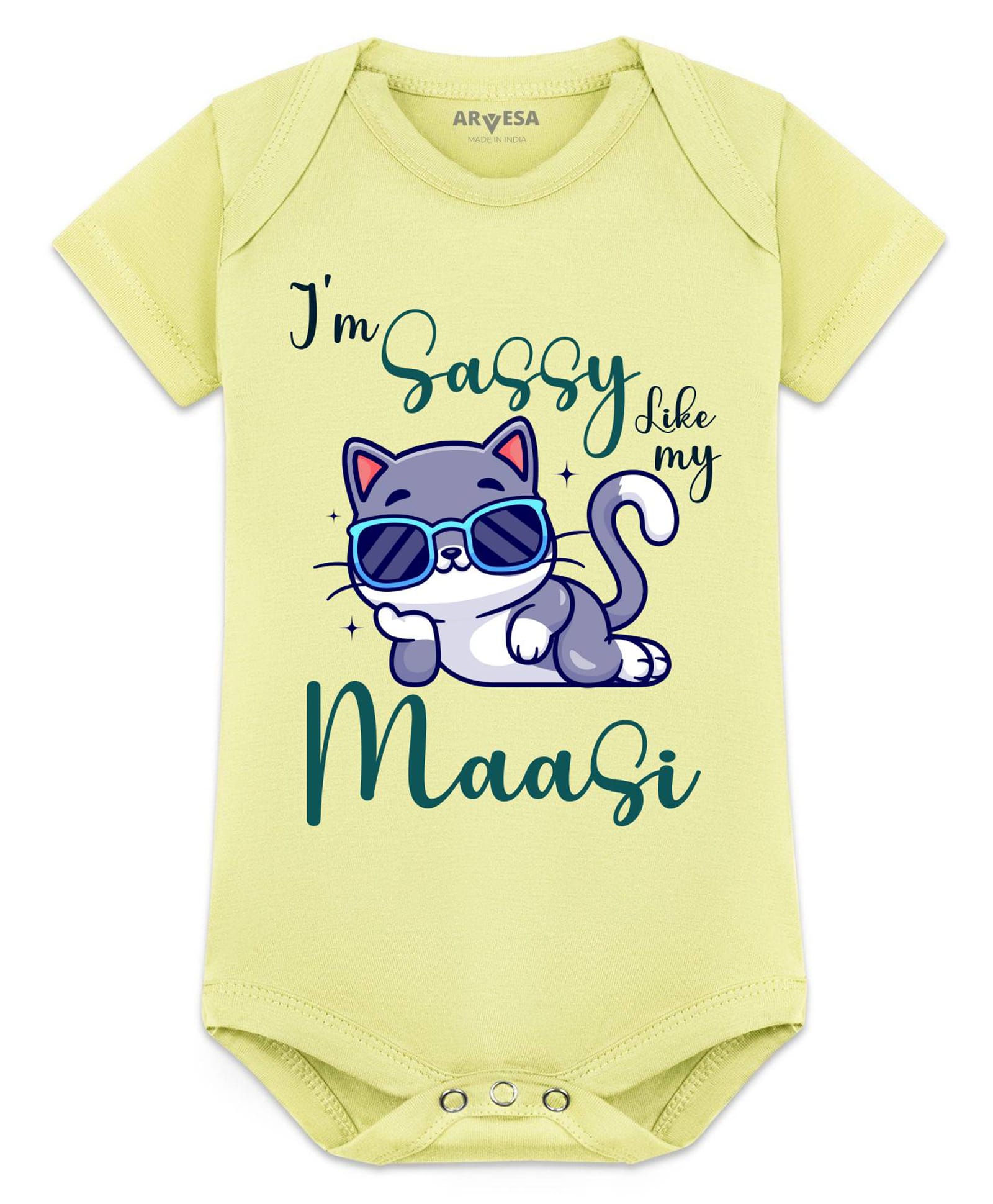Arvesa Cotton Blend Knit Half Sleeves Cool Cat Printed Onesie - Yellow-image-26