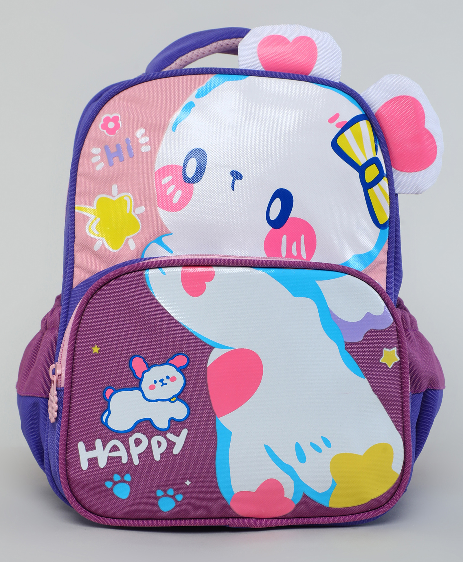 KIDLINGSS 14 Inches Happy Bunny With Ears Backpack|1 Main Compartment, 1 Front Compartment, 2 Side Bottle Pockets|Water Resistant|Back Cushioning|For School Travel & Outdoors| - Purple-image-40