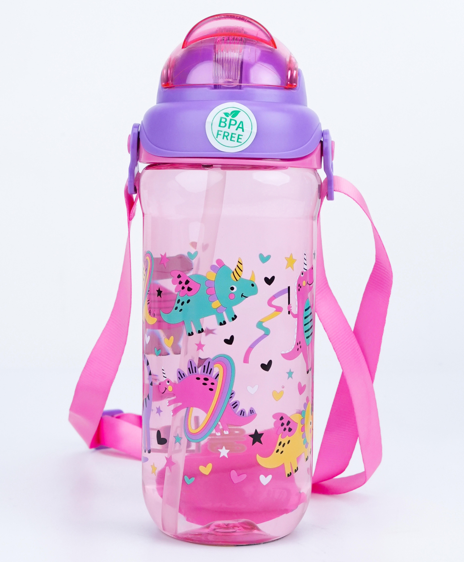 QIPS Kids 560ml Tritan Sipper Bottle with Silicone Straw, Slide Lid, Carry Strap & Dino-Unicorn Print- Pink-picture-31