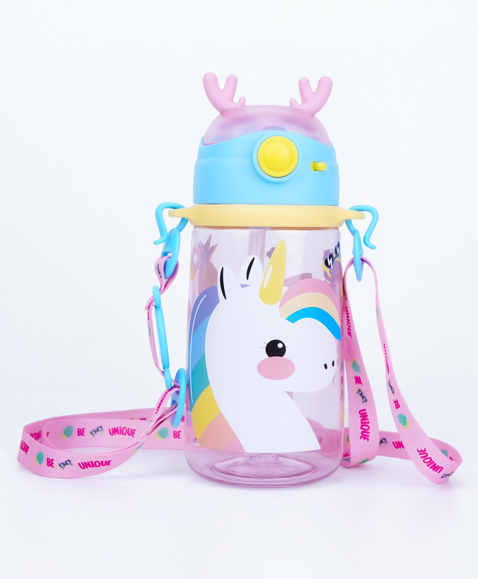 QIPS Kids 540 ml Tritan Sipper Bottle with Flip Open Push Lid Safety Lock Silicone Straw & Unicorn Print- Pink-picture-8